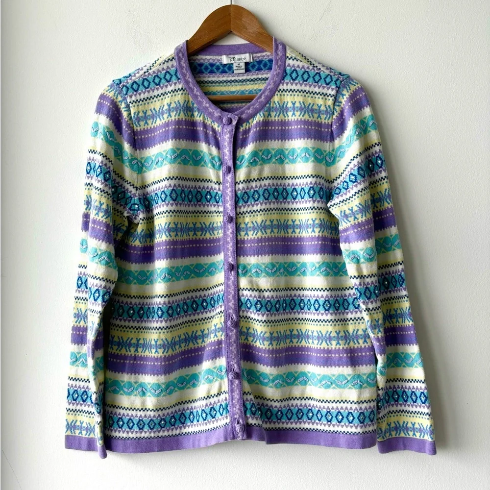 The Tog Shop Cardigan Sweater Fair Isle Purple Ivory Sequin Knit Women M Holiday